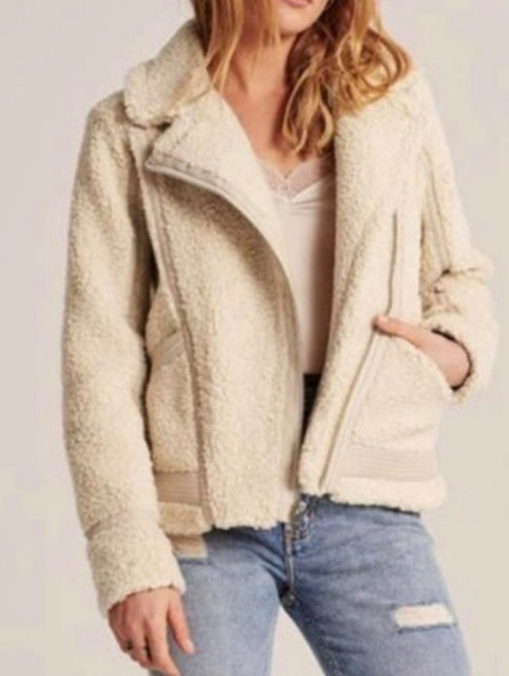 Abercrombie & Fitch Cream Zip UP Sherpa Moto Jacket With Faux Learher Trim Sz XS